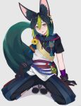  1boy absurdres animal_ear_fluff animal_ears asymmetrical_sleeves axescr bangs blunt_ends boots earrings fox_boy fox_ears fox_tail genshin_impact green_hair highres jewelry male_focus multicolored_hair obi sash simple_background single_earring streaked_hair tail tighnari_(genshin_impact) tongue tongue_out vision_(genshin_impact) wrist_cuffs 