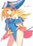  1girl bangs bare_shoulders blonde_hair breasts choker contrapposto dark_magician_girl duel_monster feet_out_of_frame green_eyes hair_between_eyes hat large_breasts long_hair looking_at_viewer smile solo standing sunanogimo wand white_background wizard_hat yu-gi-oh! yu-gi-oh!_duel_monsters 