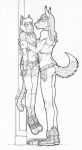  2023 anthro bottomwear breasts canid canine canis clothed clothing constance_jotkowska_(coyotek) coyote coyotek crop_top crucifix cutoffs denim denim_clothing domestic_cat dominant dominant_female duo ear_piercing ear_ring ear_tuft eye_contact eyewear felid feline felis female fingerless_gloves footwear geno_e._vefa_(coyotek) glasses gloves hair handwear hi_res holding_another line_art long_hair looking_at_another mammal monochrome pants piercing plantigrade ring_piercing shirt shoes short_hair shorts simple_background skimpy sneakers spots spotted_body standing submissive submissive_female topwear tube_top tuft white_background 