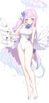  1girl angel_wings blue_archive blue_bow blue_bowtie bow bowtie breasts commentary covered_navel flower hair_bun hair_flower hair_ornament hair_scrunchie halo highres leotard long_hair looking_at_viewer low_wings mika_(blue_archive) nemo_(leafnight) pink_hair scrunchie sideboob single_hair_bun smile solo symbol-only_commentary white_leotard white_wings wing_ornament wings wrist_scrunchie yellow_eyes 