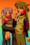  2girls alina_gray alternate_costume aqua_eyes bangs birthday_cake cake eating food gradient_background green_eyes green_hair highres jewelry long_hair long_sleeves magia_record:_mahou_shoujo_madoka_magica_gaiden mahou_shoujo_madoka_magica misono_karin multicolored_hair multiple_girls necklace open_mouth parted_bangs plate purple_hair sidelocks single_hair_ring socks streaked_hair sweatdrop sweater table tunamayo_aku two_side_up 