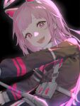  1girl absurdres arrow_(symbol) bangs black_background blunt_bangs close_game/offline_(project_sekai) commentary halo highres holding holding_weapon lingjiu_yuki long_hair long_sleeves looking_at_viewer mechanical_halo official_alternate_costume official_alternate_hairstyle ootori_emu open_mouth pink_eyes pink_hair project_sekai solo teeth weapon 