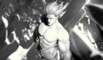  1boy absurdres ammenite blurry blurry_background choujin_x collarbone floating_hair greyscale highres hoshi_sandek_(choujin_x) looking_at_viewer monochrome muscular muscular_male short_hair solo torn_clothes 