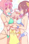  3girls :i ahoge aqua_bikini armlet bangs bikini bikini_skirt black_hair blue_bikini blue_hair blush breast_press breasts cheek_squash commentary earrings eyewear_on_head flower frilled_one-piece_swimsuit girl_sandwich gyaru hair_between_eyes hair_flower hair_ornament hairclip hand_on_another&#039;s_head heart heart-shaped_eyewear heart_necklace highres hoop_earrings hozuki_kaede hug jewelry large_breasts light_blue_hair long_hair looking_at_another looking_at_viewer mars_symbol medium_breasts mocchisake multicolored_hair multiple_girls nail_polish necklace one-piece_swimsuit onii-chan_wa_oshimai! oyama_mahiro oyama_mihari pink_hair pink_nails purple_hair red_eyes sandwiched scrunchie siblings simple_background sisters smile sunglasses swimsuit two-tone_hair venus_symbol wavy_mouth white_background wrist_scrunchie yellow_one-piece_swimsuit 