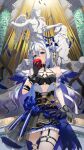  1girl amane_kanata angel angel_wings apple arm_tattoo bandaged_arm bandages blue_hair bowsan colored_inner_hair corset feathers food fruit gloves grey_hair hair_between_eyes hair_bun highres hololive long_hair looking_at_viewer multicolored_hair purple_eyes single_thighhigh skirt solo statue strapless tattoo thigh_strap thighhighs tube_top virtual_youtuber wings 