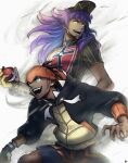  2boys :d absurdres bangs baseball_cap black_hair black_headwear black_hoodie black_shirt champion_uniform commentary_request dark-skinned_male dark_skin dynamax_band earrings gloves hasekou_g hat headband highres holding holding_poke_ball hood hood_down hoodie jewelry leon_(pokemon) long_hair male_focus multiple_boys open_mouth orange_headband partially_fingerless_gloves poke_ball poke_ball_(basic) pokemon pokemon_(game) pokemon_swsh purple_hair raihan_(pokemon) shirt short_hair short_sleeves shorts single_glove smile teeth yellow_eyes 