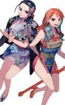  2girls absurdres alternate_costume black_hair breasts crossed_arms full_body highres japanese_clothes kimono long_hair looking_at_viewer multiple_girls nami_(one_piece) nico_robin one_piece orange_hair patterned_clothing patterned_hair shoes smile standing thighs upper_body yadu_nadu 