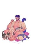  1boy absurdres animal_ears animal_on_lap bara bare_pectorals beard bespectacled black_hair bottomless cat cat_boy cat_ears cat_on_lap cat_tail facial_hair feet full_body glasses highres ikea_shark kuro_(kuroshima_kurishiro) kuroshima_kurishiro_(muyi24108414) male_focus mature_male muscular muscular_male on_lap open_clothes open_shirt original pectorals round_eyewear scarf short_hair sitting soles solo stuffed_animal stuffed_shark stuffed_toy tail thick_eyebrows undercut white_background yarn yarn_ball 