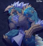  abs anthro biceps blue_eyes capcom claws fanged_wyvern fansl fur glowing hi_res horn looking_at_viewer male monster monster_hunter muscular muscular_anthro muscular_male pecs solo teeth white_body white_fur zinogre 