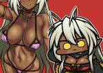  1girl :3 antenna_hair armlet bangs bare_shoulders bikini blonde_hair blush_stickers breasts cameltoe chibi choker cleavage covered_nipples dark-skinned_female dark_skin jazz_jack jewelry long_hair looking_at_viewer micro_bikini multiple_views navel necklace pink_bikini pointy_ears red_background sansei_muramasa simple_background smile soukou_akki_muramasa swimsuit yellow_eyes 