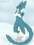  2018 3_toes anthro blue_body blue_eyes crossed_arms digital_media_(artwork) feet fenril_(spicy_flakes) frost_jeckals_(huf13) fur fur_markings looking_at_viewer male markings shalom_blater signature snow solo text toes 