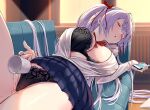  1girl bangs black_bra black_panties blue_skirt bra breasts cellphone closed_eyes collared_shirt commentary_request couch cup hair_ribbon highres holding holding_cup holding_phone indoors large_breasts leg_up long_hair lying mappaninatta on_back open_clothes open_shirt original panties phone pleated_skirt purple_hair radiator ribbon shirt skirt sleeping smartphone solo thighs underwear very_long_hair white_shirt window wooden_floor 