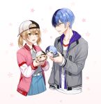  1boy 1girl aoyagi_touya azusawa_kohane bangs baseball_cap belt blue_hair brown_eyes character_doll closed_mouth collared_shirt commentary_request dark_blue_hair doll flower gradient_background hair_between_eyes hat high_collar highres hizaki_sui holding holding_doll hood hood_down hooded_jacket jacket jewelry light_brown_hair long_sleeves medium_hair mole mole_under_eye multicolored_hair necklace open_clothes open_jacket open_mouth project_sekai shirt short_hair twintails upper_body 