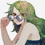  1girl alternate_costume bare_shoulders brown_eyes from_side glasses green_hair highres holding holding_eyewear long_hair looking_at_viewer monet_(one_piece) one_piece patterned_hair round_eyewear smile solo upper_body yadu_nadu yellow_eyes 