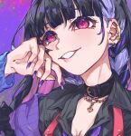  1girl absurdres bangs black_collar black_hair black_shirt breasts cleavage collar earrings hand_on_own_cheek hand_on_own_face heart highres isnaxc jewelry looking_up meloco_kyoran multicolored_hair nijisanji nijisanji_en parted_lips pink_hair portrait purple_eyes purple_nails purple_sweater shirt smile solo streaked_hair sweater virtual_youtuber 