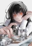  1girl black_hair board_game chainsaw_man chess collared_shirt grey_vest head_rest highres long_hair long_sleeves orange_eyes pinlin scar shirt short_sleeves solo vest white_background white_shirt yoru_(chainsaw_man) 