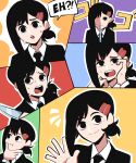  1girl absurdres black_eyes black_hair black_necktie chainsaw_man commentary formal frown hair_ornament hairclip hand_on_own_chin higashiyama_kobeni highres holding holding_knife kermittend knife menacing_(jojo) mole mole_under_eye mole_under_mouth multiple_moles necktie open_mouth ponytail shaded_face suit sweat waving 