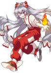  1girl ;d bangs black_footwear bow collared_shirt commentary_request fire flame fujiwara_no_mokou full_body grey_hair hair_bow highres long_hair looking_at_viewer ofuda ofuda_on_clothes one_eye_closed open_mouth pants red_bow red_eyes red_pants shirt shoes smile solo suspenders torn_clothes torn_pants torn_sleeves touhou two-tone_bow very_long_hair white_bow white_shirt yunoo_(cmzkvneld845) 