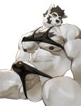  absurd_res anthro balls barazoku bare_shoulders biceps big_biceps big_muscles big_pecs black_body black_fur bottomwear canid canine canis chest_tuft clothed clothing digital_media_(artwork) doooo2424 facial_hair fur genitals hair hi_res huge_muscles male mammal muscular muscular_male partially_clothed pecs penis raised_clothing raised_shirt raised_tank_top raised_topwear shirt simple_background sleeping solo tank_top topwear tuft wolf 
