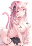  1girl animal_ear_fluff animal_ears bangs black_ribbon blush bottomless breasts cat_ears cat_girl cat_tail cleavage collarbone hair_ribbon highres large_breasts looking_at_viewer open_mouth original pink_eyes pink_hair pink_tail ribbon solo tail thighs watagashi_yui 