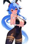  1girl absurdres ahoge alternate_breast_size animal_ears arm_under_breasts bangs bare_shoulders black_leotard blue_hair bluerabbit_gap blush breasts brown_pantyhose cleavage cowboy_shot fake_animal_ears ganyu_(genshin_impact) genshin_impact groin halterneck hand_on_own_chest highres horns large_breasts leotard long_hair looking_at_viewer low_ponytail open_mouth paid_reward_available pantyhose playboy_bunny purple_eyes rabbit_ears sidelocks solo standing thighlet thighs wrist_cuffs 