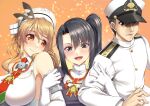  1boy 2girls :d absurdres admiral_(kancolle) asymmetrical_bangs bangs black_hair breasts brown_eyes brown_hair commentary_request commission detached_sleeves gekato gloves green_necktie highres jacket kantai_collection large_breasts littorio_(kancolle) locked_arms long_hair long_sleeves looking_at_viewer medal military military_jacket military_uniform multiple_girls nachi_(kancolle) necktie orange_background pixiv_commission purple_jacket red_necktie shirt short_hair side_ponytail simple_background sleeveless sleeveless_shirt smile two-tone_necktie uniform white_gloves white_headwear white_jacket white_shirt white_sleeves 