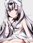  1girl bare_shoulders black_hair commentary elbow_gloves fire_emblem fire_emblem_engage gloves grey_hair highres long_hair looking_at_viewer multicolored_hair peach11_01 purple_eyes sitting smile solo streaked_hair very_long_hair veyle_(fire_emblem) wariza white_gloves 