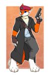  absurd_res anthro beret blue_eyes canid canine clothing coat fox fur gun handgun hat headgear headwear hi_res male mammal marin_lisicin(agent_fox45) orange_body orange_fur pistol ranged_weapon solo topwear weapon yellowaht 