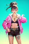 1girl arm_tattoo black_nails black_shorts bracelet brown_eyes brown_hair earrings fake_nails fashion glasses gradient_background highres jewelry leg_tattoo looking_at_viewer midriff necklace original ring shorts solo sports_bra tattoo wenfei_ye 