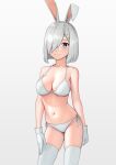  1girl animal_ears bare_arms bare_shoulders bikini blue_eyes breasts closed_mouth collarbone cowboy_shot fake_animal_ears gloves grey_hair hamakaze_(kancolle) highres kantai_collection large_breasts navel porupurucha rabbit_ears short_hair solo swimsuit thighhighs white_bikini white_gloves white_thighhighs 