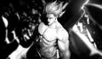  1boy absurdres ammenite blurry blurry_background choujin_x collarbone floating_hair greyscale highres hoshi_sandek_(choujin_x) looking_at_viewer monochrome muscular muscular_male short_hair solo torn_clothes 