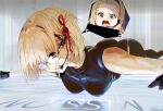  1girl bangs black_bodysuit black_gloves blonde_hair bodysuit breasts funi_mu9 glasses gloves hair_ribbon highres kurumi_(lycoris_recoil) lower_teeth_only lycoris_recoil mission:_impossible nishikigi_chisato parody parted_lips red_eyes red_ribbon ribbon short_hair spoken_object teeth 