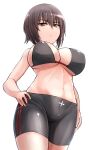  bike_shorts black_bra black_hair bra breasts from_below girls_und_panzer highres kitayama_miuki large_breasts looking_at_viewer midriff navel nishizumi_maho toned underwear 