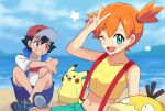  1boy 1girl ;d ash_ketchum bangs baseball_cap beach black_hair breasts brown_eyes cu-sith green_eyes hat jacket looking_at_viewer misty_(pokemon) navel one_eye_closed open_mouth orange_hair pikachu pokemon pokemon_(anime) pokemon_(creature) psyduck shirt shoes short_hair short_sleeves shorts side_ponytail smile sneakers suspenders t-shirt v 