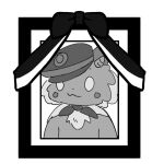 0_0 :3 animal_ears black_ribbon blank_eyes blush_stickers boke-chan closed_mouth commentary english_commentary furry furry_male greyscale hat horns iei japan_railways monochrome nagamo_(nagano_station) peaked_cap photo_(object) picture_frame ribbon simple_background sketch tilted_headwear transparent_background upper_body 