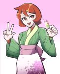  1girl absurdres arezu_(pokemon) commentary english_commentary food gradient_background highres holding holding_food japanese_clothes kermittend kimono medium_hair open_mouth orange_eyes orange_hair pikachu pink_background pokemon pokemon_(game) pokemon_legends:_arceus smile solo w yukata 