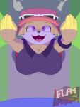  absurd_res anthro big_breasts big_butt breasts butt clothed clothing cosplay digital_media_(artwork) eyewear female fennekin first_person_view flamberry_(artist) fur generation_6_pokemon glasses hat headgear headwear hi_res larger_male looking_at_viewer male mammal nintendo open_mouth pokemon pokemon_(species) purple_eyes serena_(pokemon) short_stack simple_background size_difference smile solo thifae_nollings_(flamberry) watermark yellow_body yellow_fur 