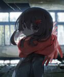  1girl bangs black_eyes black_hair closed_mouth hair_ornament highres indoors looking_at_viewer medium_hair original red_scarf scarf solo soresaki upper_body 