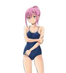  1girl ass_visible_through_thighs bare_shoulders blue_eyes blue_one-piece_swimsuit blush breasts closed_mouth highres looking_at_viewer malcorond medium_hair one-piece_swimsuit original pink_hair ponytail school_swimsuit sidelocks simple_background small_breasts smile solo standing swimsuit white_background 