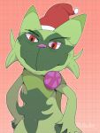 1boy animal_ears animal_hands animal_nose artist_name bags_under_eyes body_fur boke-chan cat_boy cat_ears claws closed_mouth commentary english_commentary floragato fur-trimmed_headwear furry furry_male fusion green_fur hands_on_hips happy hat highres how_the_grinch_stole_christmas male_focus outline pokemon pokemon_(creature) pom_pom_(clothes) red_background red_eyes red_headwear santa_hat signature simple_background sketch smile solo standing the_grinch twitter_username two-tone_fur upper_body v-shaped_eyebrows 