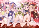  5girls animal_ear_fluff animal_ears backpack bag bandaged_leg bandages bangs_pinned_back bare_shoulders barefoot blonde_hair bloomers blue_headwear blue_shorts brown_kimono cabbie_hat cat_ears cat_girl cat_tail commentary_request day detached_sleeves diona_(genshin_impact) dress fake_animal_ears feathers forehead fred04142 genshin_impact gradient_hair green_hair grey_hair hair_between_eyes hair_ornament hat hat_feather japanese_clothes kimono klee_(genshin_impact) leaf leaf_on_head long_sleeves multicolored_hair multiple_girls nahida_(genshin_impact) no_shoes obi ofuda on_ground outdoors petals pink_hair pointy_ears puffy_long_sleeves puffy_shorts puffy_sleeves purple_eyes purple_hair qing_guanmao qiqi_(genshin_impact) raccoon_ears raccoon_hood red_dress red_eyes red_headwear sash sayu_(genshin_impact) short_eyebrows short_shorts shorts side_ponytail socks soles tail thick_eyebrows thighhighs tree underwear white_bloomers white_dress white_feathers white_sleeves white_socks white_thighhighs 