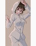 1girl absurdres alternate_costume bangs black_hair breasts casual contrapposto enoki_(gongindon) feet_out_of_frame glasses highres hood hood_up hunter_x_hunter jewelry looking_at_viewer necklace purple_eyes raincoat shizuku_(hunter_x_hunter) short_hair simple_background 
