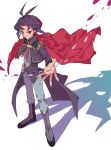  1boy bangs cape dyed_bangs from_above full_body hand_on_hip jacket looking_at_viewer male_focus multicolored_hair open_hands purple_eyes purple_hair purple_jacket purple_shirt red_cape red_hair shirt short_hair smile solo sunanogimo two-tone_hair yu-gi-oh! yu-gi-oh!_arc-v yuuri_(yu-gi-oh!) 