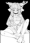  1girl bangs blush breasts chest_sarashi closed_mouth commentary greyscale highres horn_ornament horn_ribbon horns ibuki_suika indian_style long_hair looking_at_viewer mizuga monochrome ribbon sarashi sitting small_breasts solo sweatdrop symbol-only_commentary touhou 