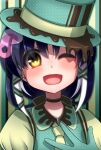  1girl african_penguin_(kemono_friends) black_hair chocolate choker gloves hat highres hikarikmy kemono_friends kemono_friends_v_project long_hair looking_at_viewer necktie one_eye_closed open_mouth penguin_girl ribbon shirt simple_background solo virtual_youtuber yellow_eyes 