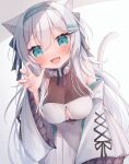  1girl :d animal_ears aqua_eyes aqua_hairband bangs bare_shoulders blush breasts cat_ears cat_girl cat_tail claw_pose cleavage commentary_request dress fang frilled_sleeves frills gradient_background grey_background grey_hair hair_between_eyes hair_ornament hairband hairclip hand_up heart heart_hair_ornament highres jacket long_hair long_sleeves looking_at_viewer medium_breasts off_shoulder open_clothes open_jacket original ringouulu sleeveless sleeveless_dress smile solo tail very_long_hair white_background white_dress white_jacket wide_sleeves 