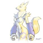 1:1 3_fingers anthro armwear athletic bandai_namco big_breasts black_claws black_nose blue_eyes breasts bridal_gauntlets cancer_(symbol) canid canine claws clothed clothed/nude clothing countershade_torso countershading curvy_figure digimon digimon_(species) digital_drawing_(artwork) digital_media_(artwork) facial_markings female fingers fluffy fox fur fur_markings head_markings hi_res mammal markings muscular navel neck_tuft nude pose purple_body purple_clothing purple_fur renamon sedrid_art shaded shoulder_tuft simple_background slim solo tuft white_background white_body white_fur wide_hips yellow_body yellow_fur yin_yang 