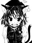  1341398tkrtr 1girl animal_ear_fluff animal_ears bangs blush bow bowtie breasts cat_ears cat_tail chen earrings flying_sweatdrops furrowed_brow greyscale hair_between_eyes hat highres jewelry juliet_sleeves long_sleeves looking_at_viewer medium_breasts medium_hair mob_cap monochrome multiple_tails nekomata open_mouth puffy_sleeves simple_background single_earring solo tail teeth touhou two_tails upper_body white_background 