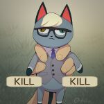  1boy animal_crossing animal_ears animal_nose artist_name bangs black-framed_eyewear black_fur blonde_hair blue_necktie body_fur boke-chan bottomless brown_eyes buttons cat_boy cat_ears cat_tail closed_mouth collared_shirt commentary disembodied_limb english_commentary english_text furry furry_male glasses gradient_background grass green_background green_eyes grey_fur grey_vest heterochromia holding male_focus miniboy multicolored_fur necktie outdoors pocket pov raymond_(animal_crossing) shirt short_hair signature sleeveless sleeveless_shirt solo_focus swept_bangs tail twitter_username vest wall-eyed white_fur white_shirt 