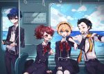  2boys 2girls aegis_(persona) android bangs black_jacket black_pants black_ribbon black_skirt blonde_hair blue_eyes blue_hair blue_sky blush bow bowtie brown_eyes brown_hair closed_eyes cloud collared_shirt commentary_request emi_star gekkoukan_high_school_uniform hair_between_eyes hair_ornament hairclip hand_on_another&#039;s_face handheld_game_console headphones highres jacket long_sleeves mochizuki_ryouji mole mole_under_eye multiple_boys multiple_girls neck_ribbon ocean open_clothes open_jacket open_mouth pants persona persona_3 persona_3_portable playstation_portable ponytail red_bow red_bowtie ribbon robot robot_ears scarf school_uniform shiomi_kotone shirt short_hair sitting skirt sky smile suspenders teeth upper_teeth_only water white_shirt x_hair_ornament yellow_scarf yuuki_makoto 